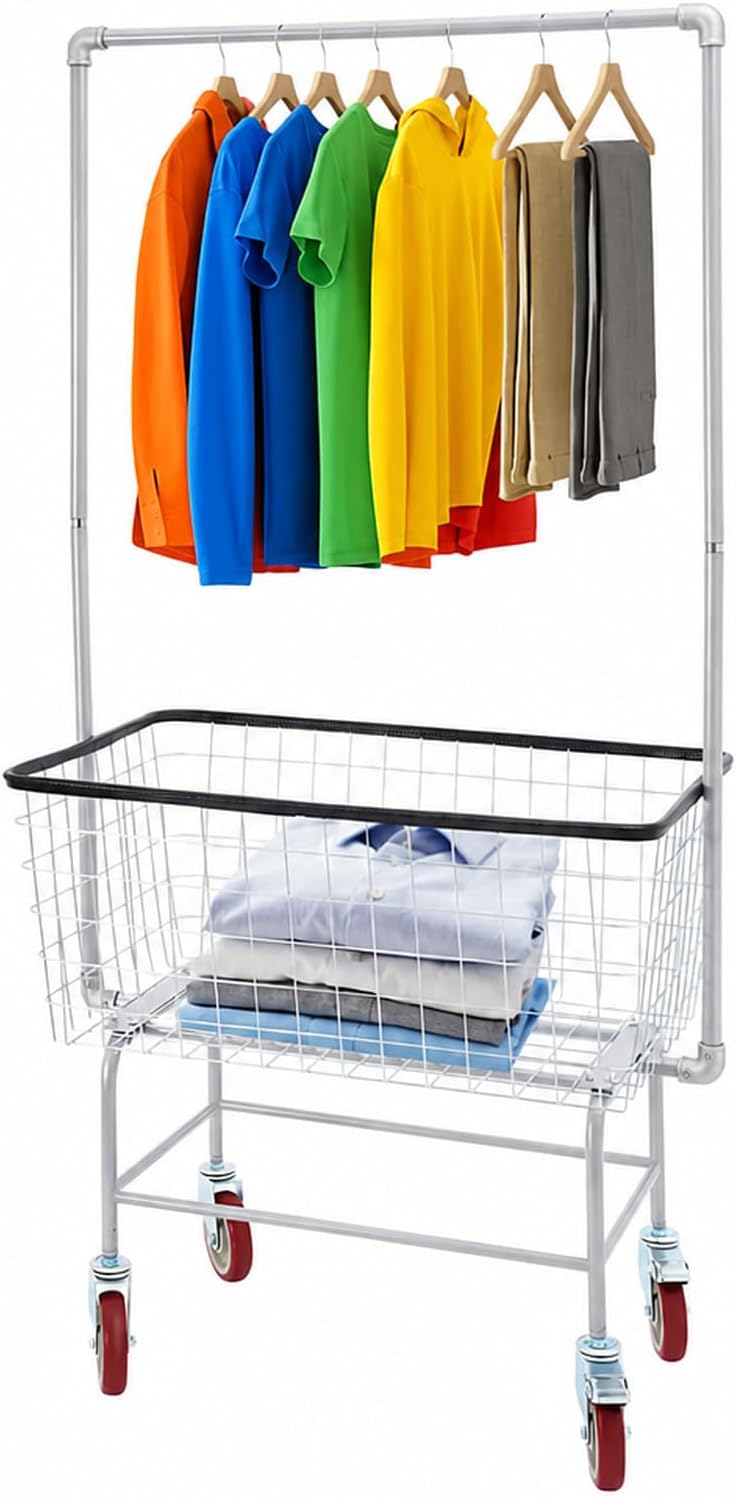 110LBS Commercial Steel Wire Laundry Cart Trolley w/Hanging Rack, 4 Universal...