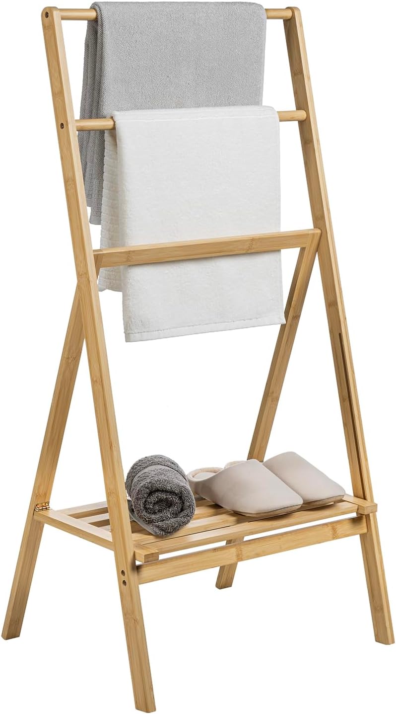 MyGift 3 Tier Bamboo Towel Rack with Shelf, Foldable Freestanding Stand