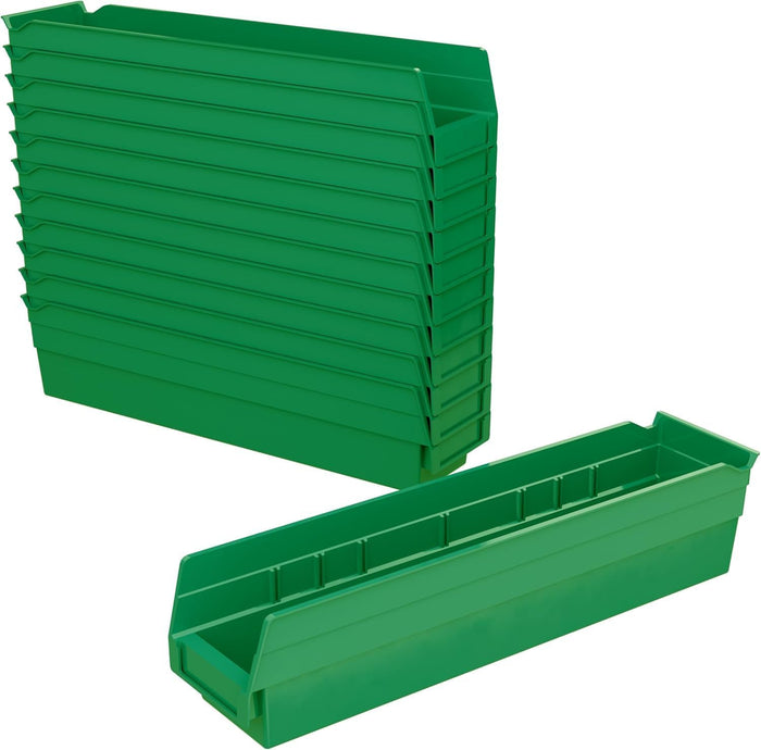 Akro-Mils 30128 Plastic Nesting Shelf Bin Box, (18-Inch x 4-Inch x 4-Inch), Green, (12-Pack)