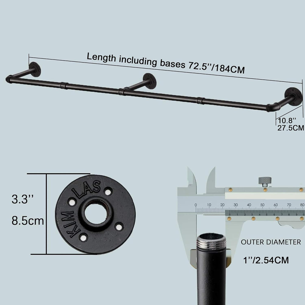 Industrial Pipe Clothes Rack with 3 S-shaped Hooks, 72’'L Wall Mounted Ga...