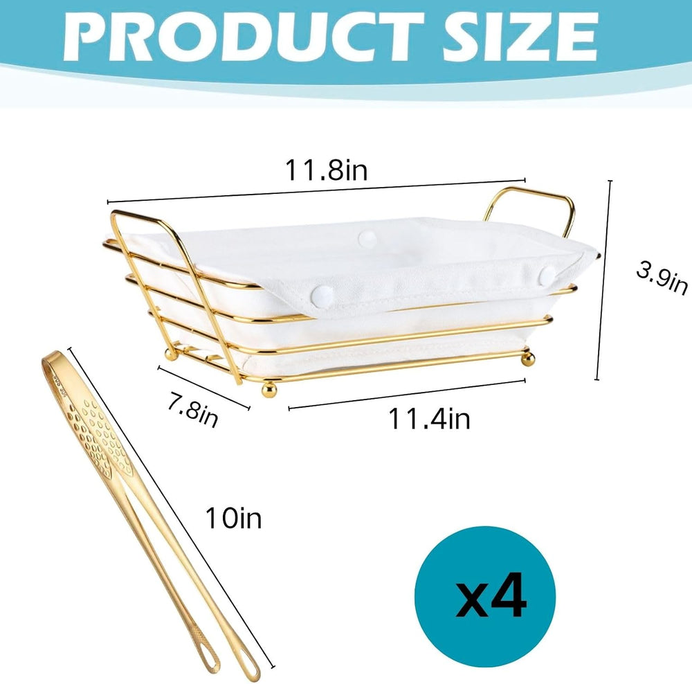 4 Pcs Metal Bread Serving Basket with Liner Cloth,Gold Baskets with Tongs for...