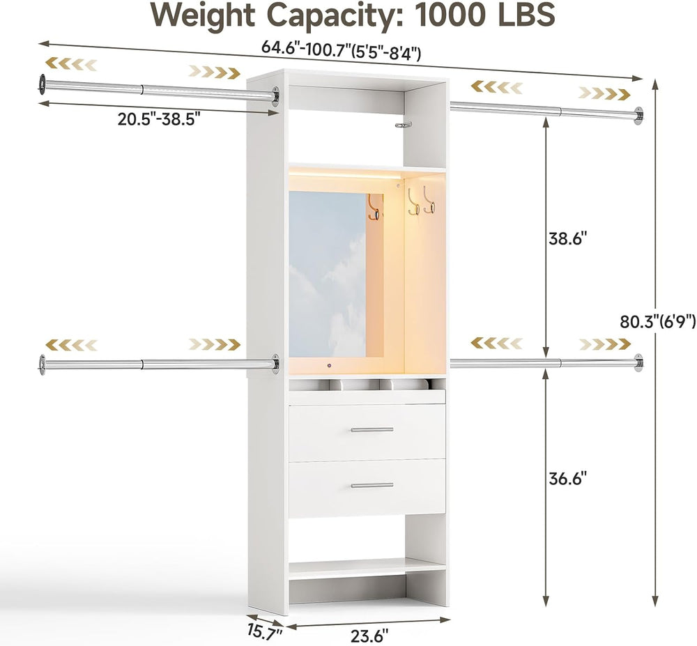 W4 Closet System with Stepless Dimmable LED Light & Glass Mirror