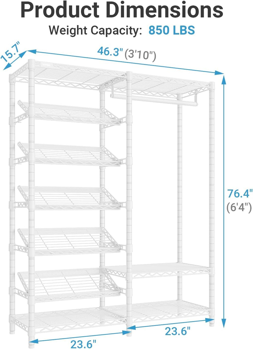 VIPEK S20 7-Tiers Shoe Rack with Hanging Rod, Metal Closet Organizer, White