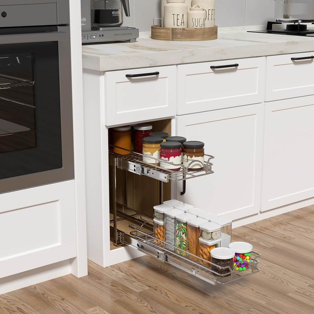 OCG 2 Tier Pull Out Cabinet Organizer (9.5" W x 21" D), Pull Out Dr...