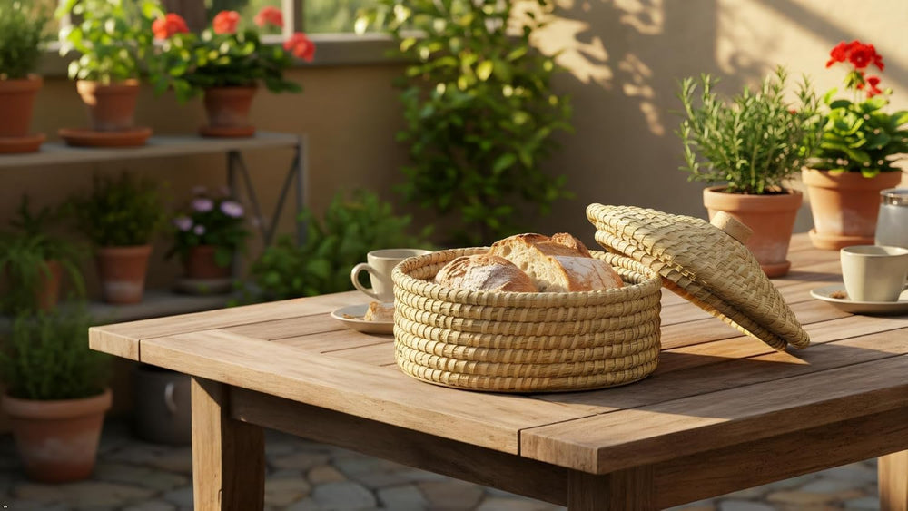 Round Bread Warming Basket with Lid and Terracotta Warmer stone for Serving T...