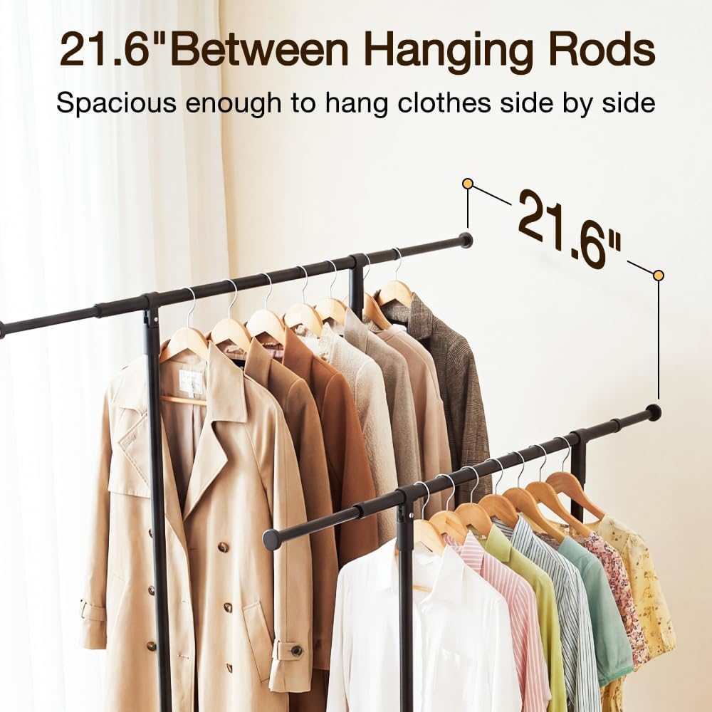 No-assembly Clothes Rack，Double Rod 59-Inch Rolling clothing rack