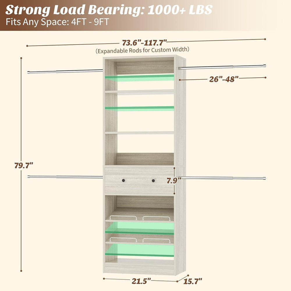 Armocity Wood Closet Organizer System - 4FT-9FT Expandable Wardrobe Closet wi...