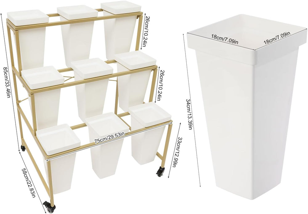 3 Tier Flower Display Stand with 9 Buckets, 33.46″ H Rolling Flower Cart with...