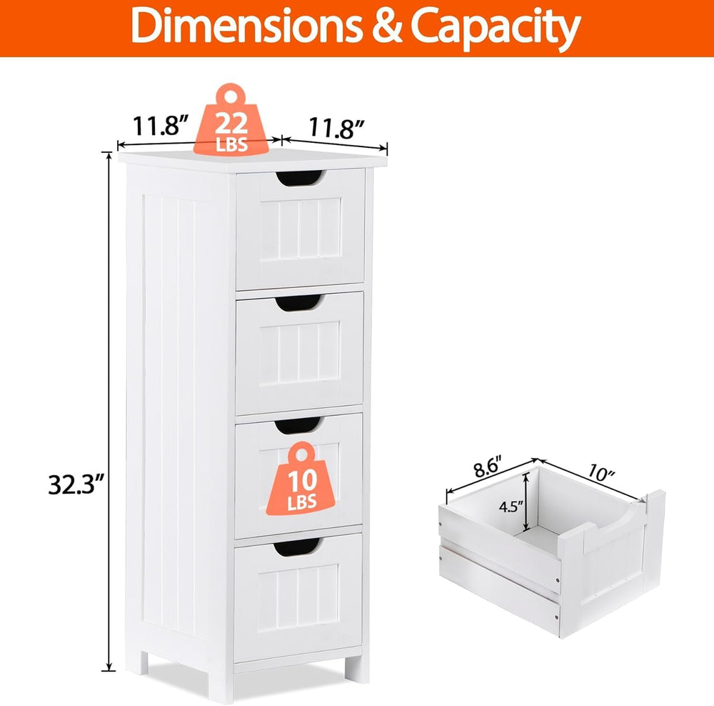 Bathroom Floor Storage Cabinet, Freestanding Wooden Side Organizer w/4 Drawer...