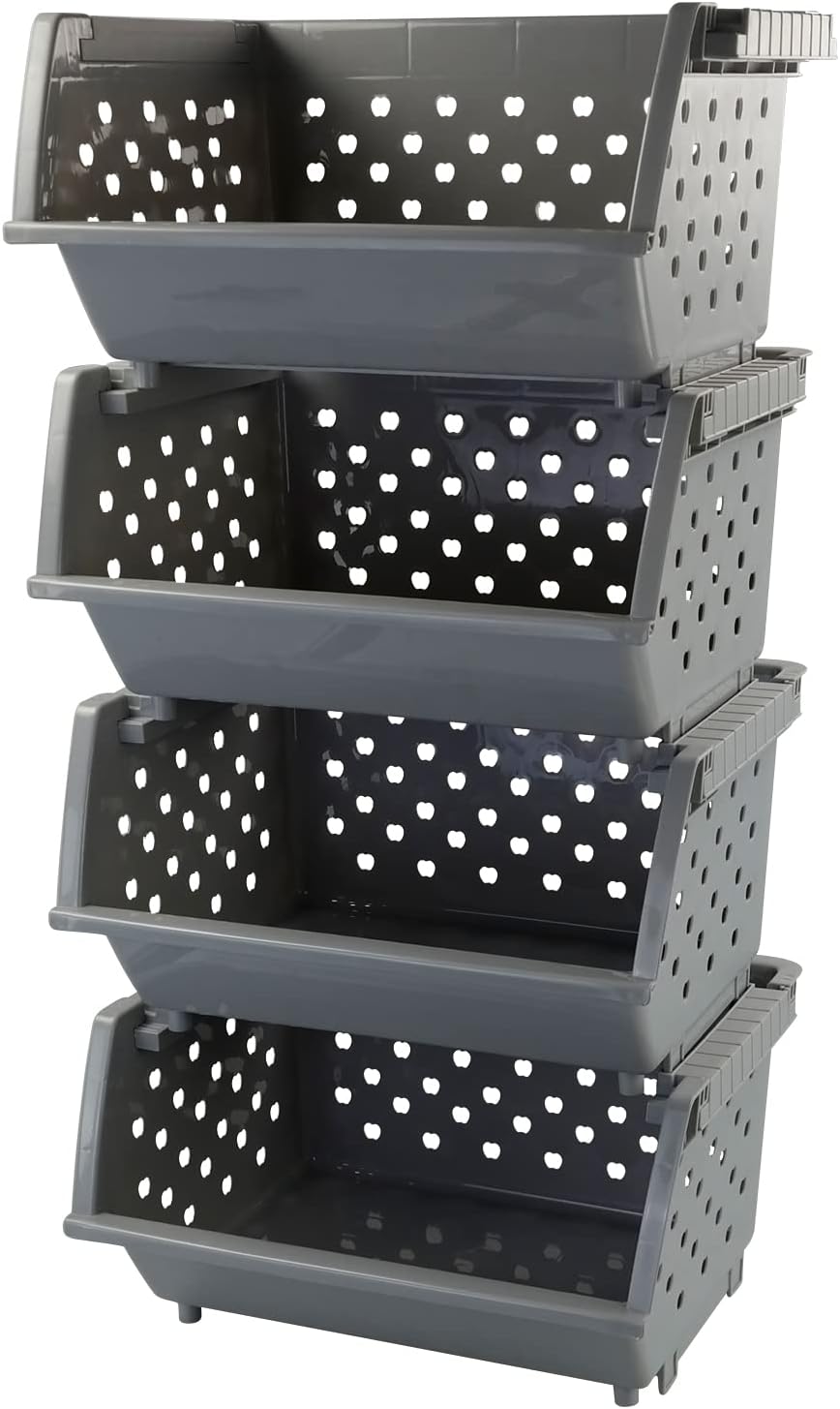 4 Pack Stackable Detachable Storage Baskets, Stacking Bins for Organizing, Grey