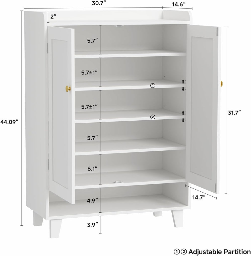 Flat-Shelf Shoe Cabinet with Doors，6-Tier Shoes Storage Cabinet with Adjustab...