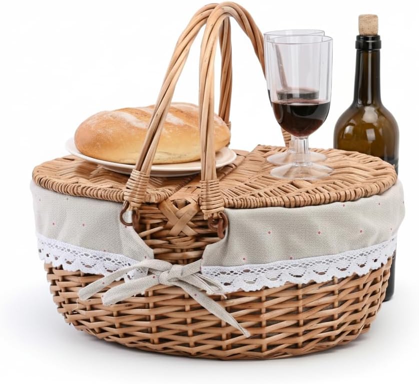 Wicker Picnic Basket with Lid and Handle Sturdy Woven Body with Washable Lini...