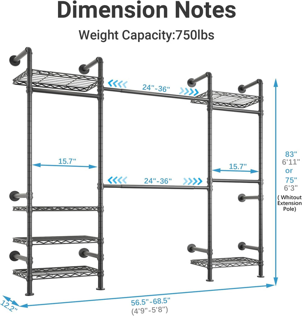 Timate F3 Medium Wall Mounted Clothes rack Expandable Closet, Industrial Pipe...