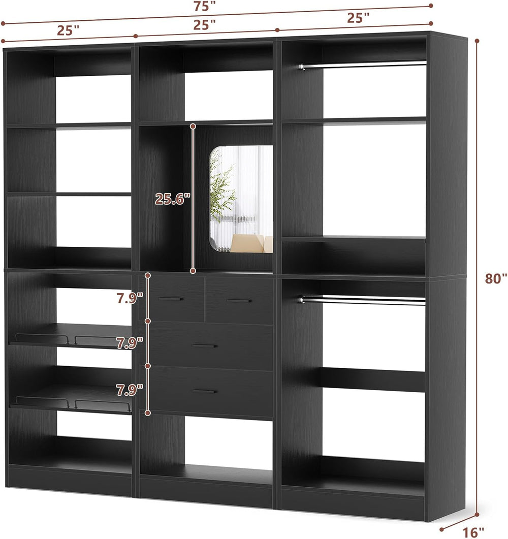 Unikito 75” Closet System with Drawers, 6.2FT Wood Closet Organizer with Hang...