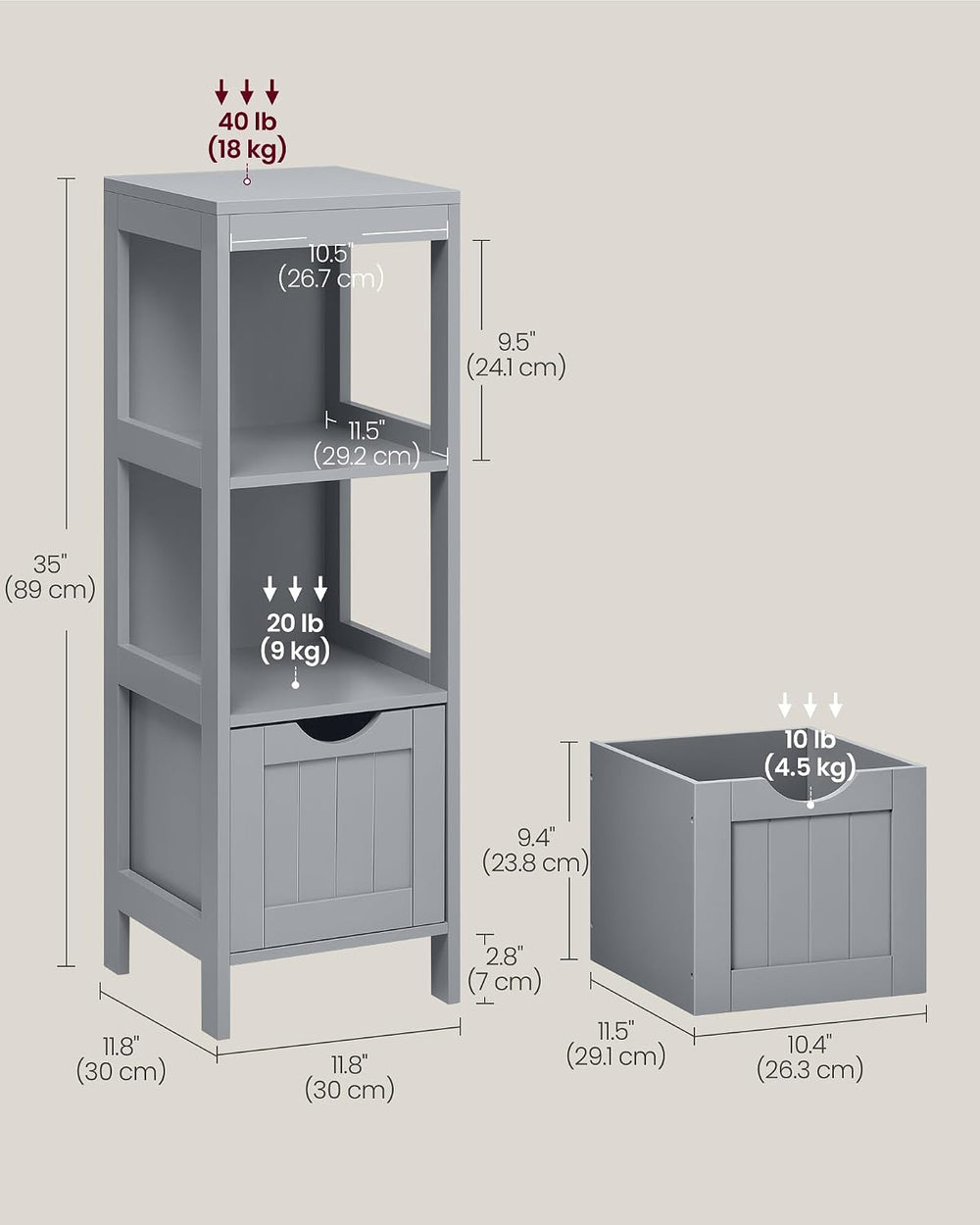 VASAGLE Bathroom Floor Cabinet, 2 Drawers, 35" H, Dove Gray