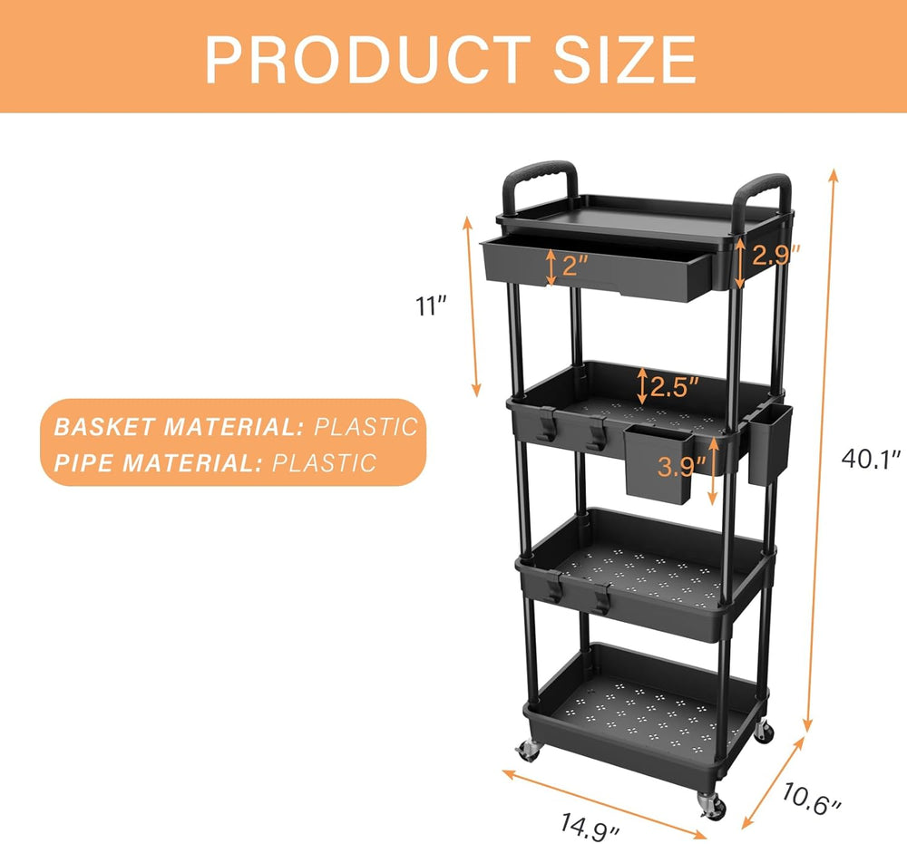 4 Tier Rolling Utility Cart with Drawer,REBECAT Utility Cart Made of Multifun...