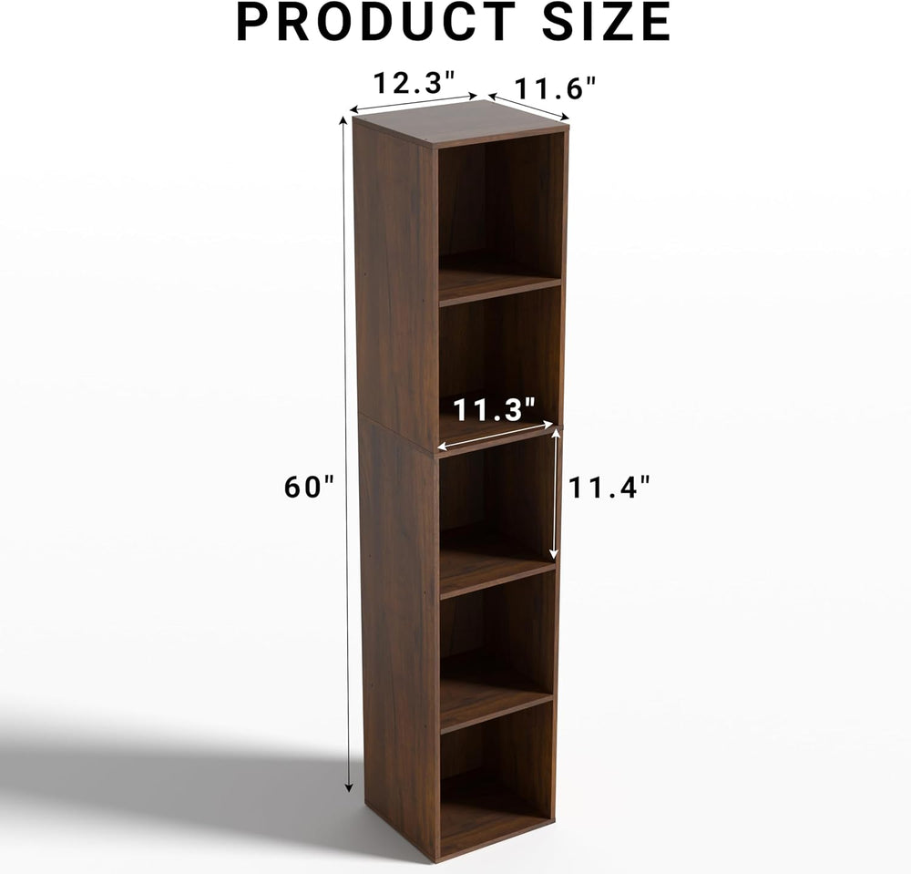 5 Cube Storage Organizer, Narrow Open Shelf Bookcase, Freestanding 5 Tier Low...