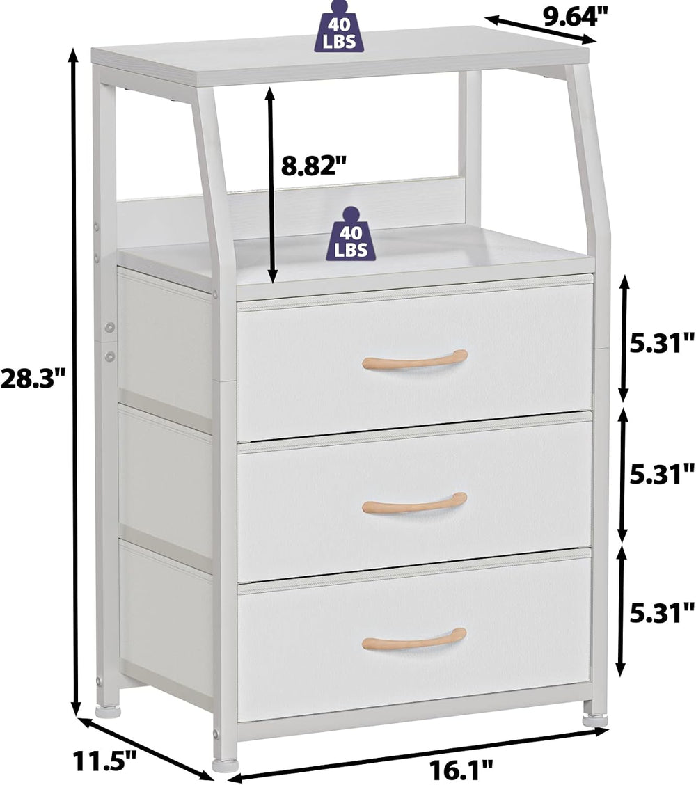 Furnulem White Night Stand with 3 Fabric Drawers , Small Bedside Table