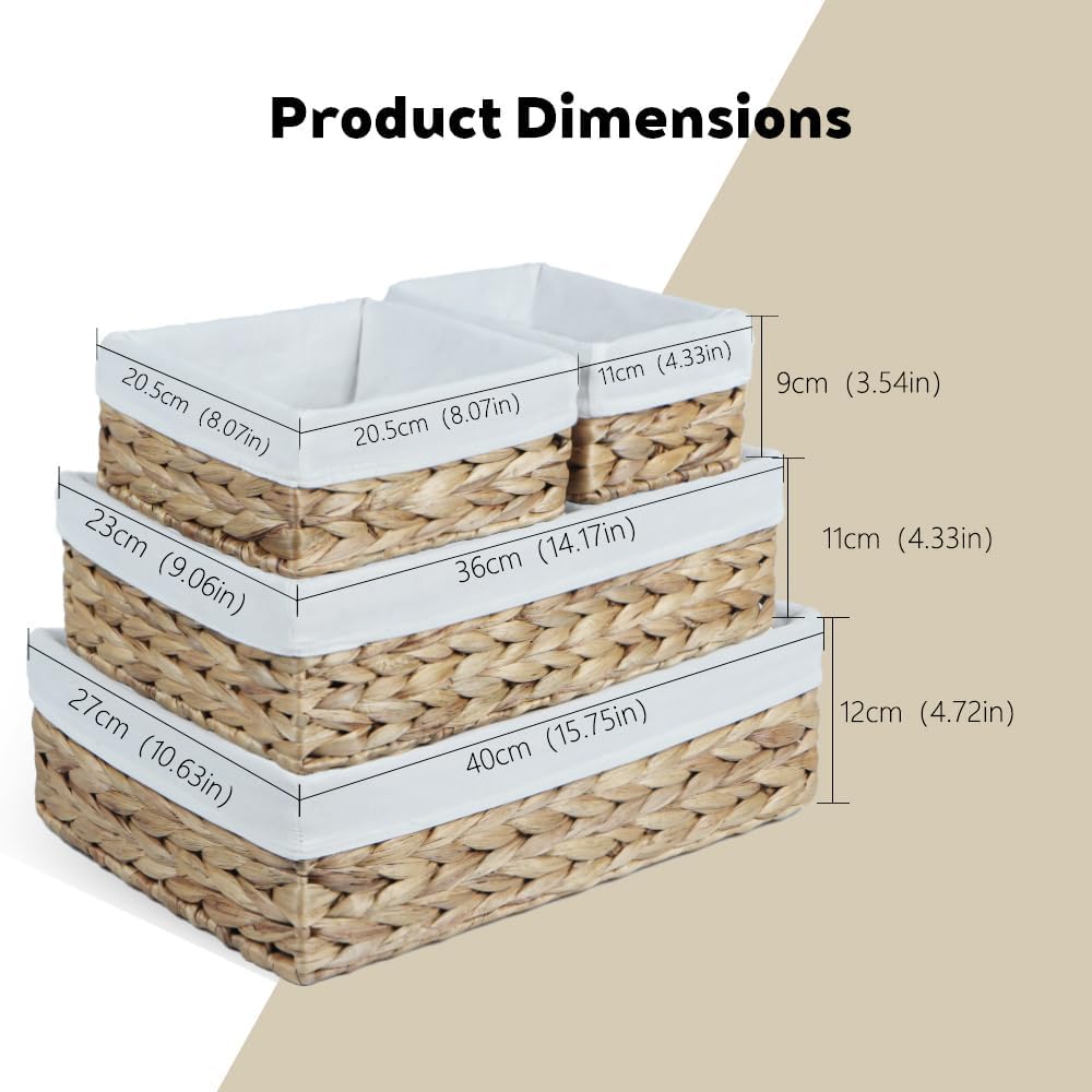 Water Hyacinth Shelf Baskets 4-Pack, Handwoven Wicker Bins with Removable Lin...