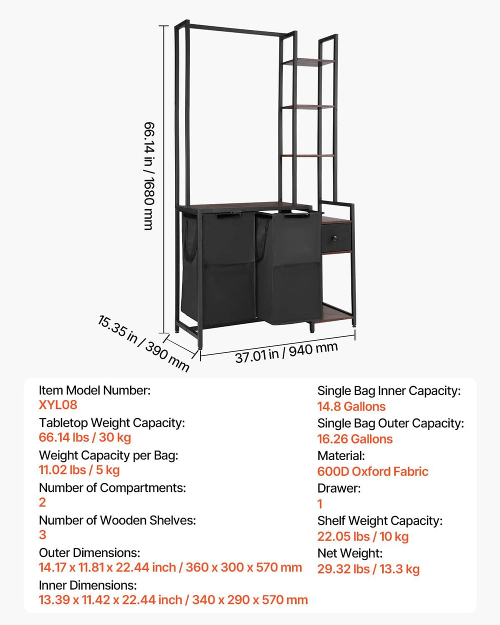 VEVOR 3 Tiers Laundry Sorter with Rack, Tall Laundry Hamper with Shelves and ...