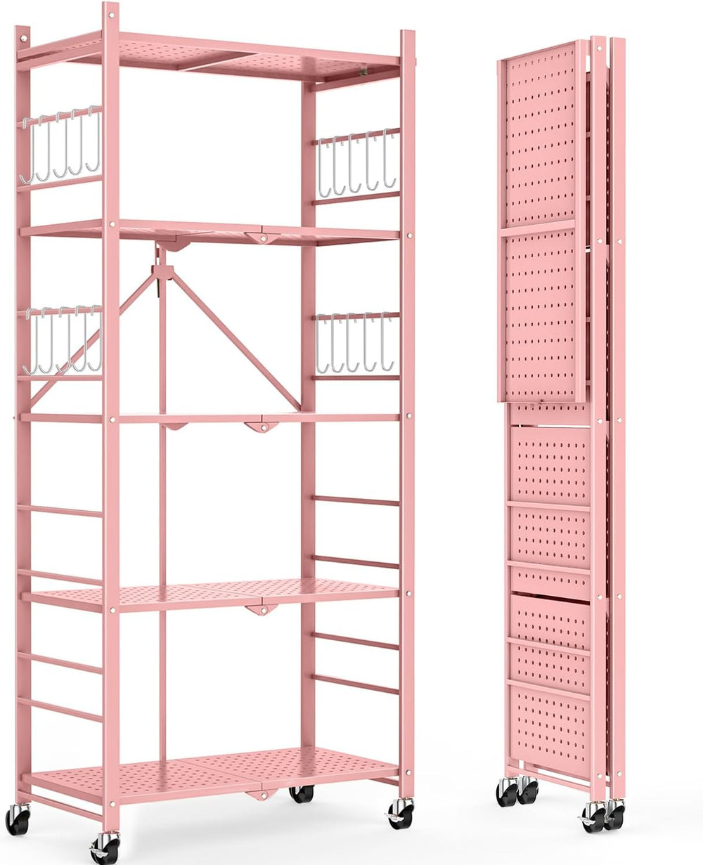 5-Tier Folding Storage Shelves with 20 Hooks Wheels Home Pink