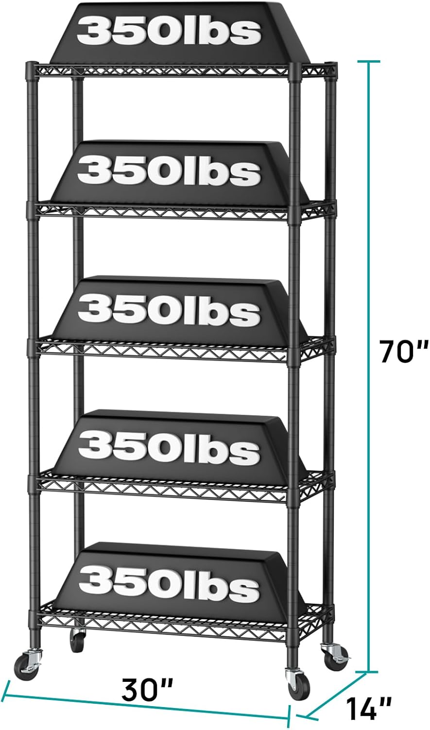 5 Shelves Storage Wire Shelf Closet Metal Shelving Pantry Wheels