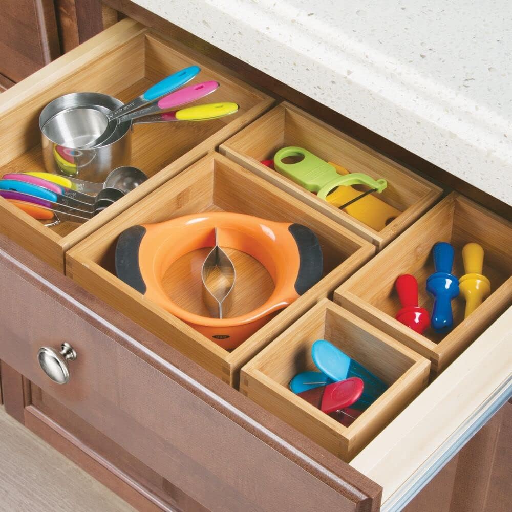 mDesign Wood Bamboo Storage Bin Container, Drawer Organizer Crate Boxes for K...