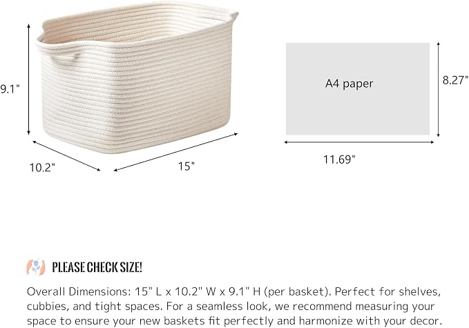 Cotton Rope Storage Basket 15"x10"x9" – Fabric Storage Bins (S...