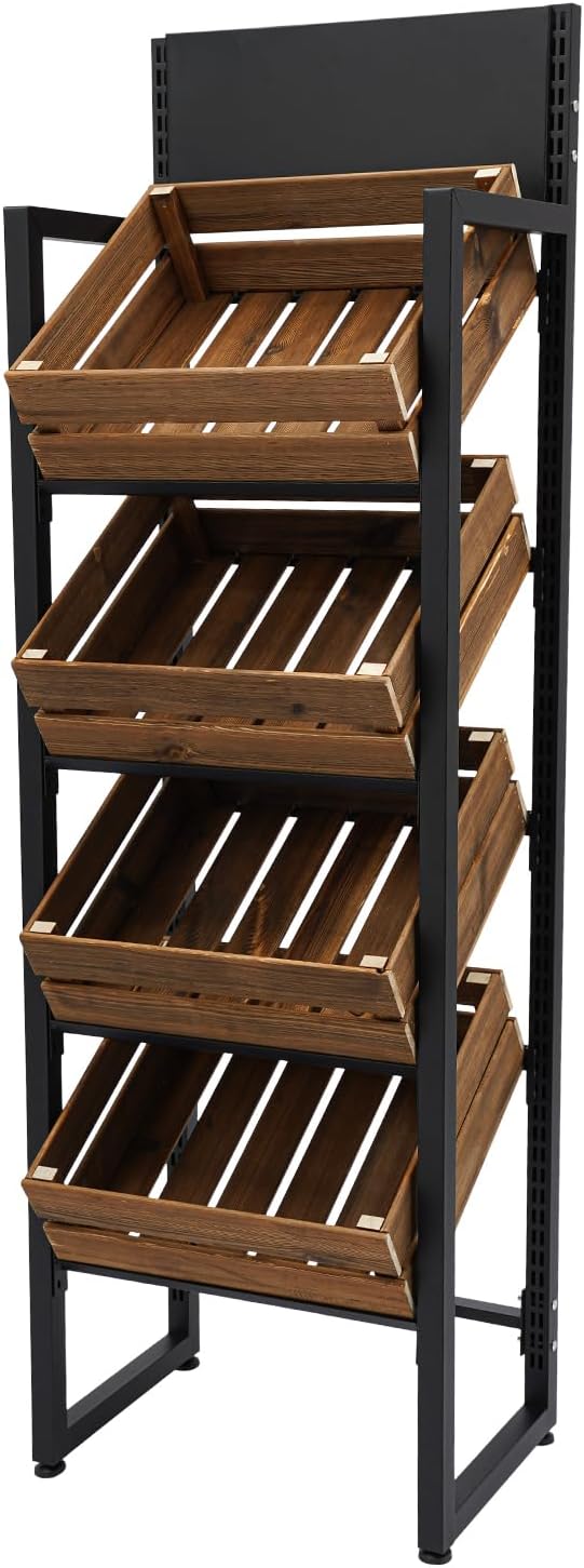 4-Tier Wood Fruit Vegetable Storage Basket Stand, Market Retail Display Rack ...