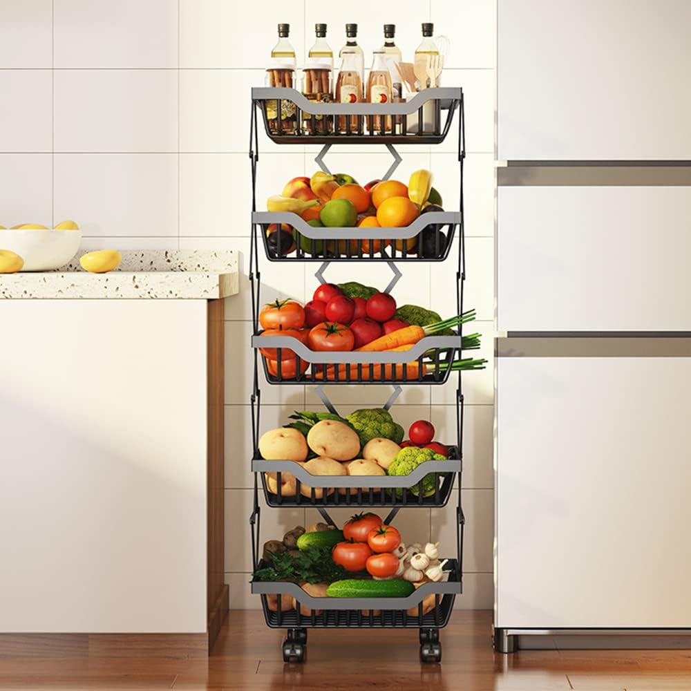 5-Tier Fruit Basket Cart with Wheels, Metal Wire Fruit Vegetable Storage Bask...