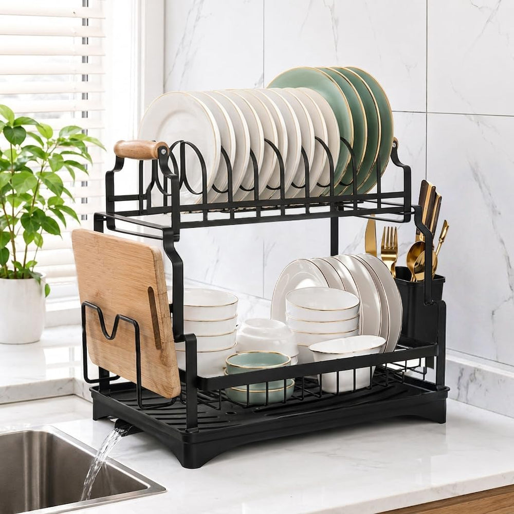 Briful 2 Tier Dish Drying Rack with Drainboard for Kitchen Counter, Black