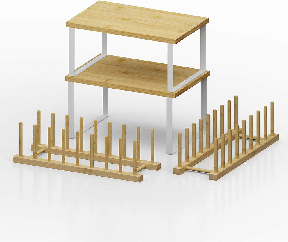 4 Pcs Stackable Dish Rack Set, 2 Shelves & 2 Drying Racks, Natural Wood K...