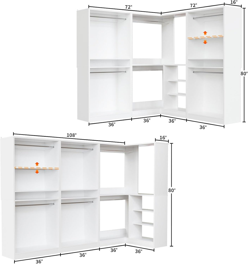 Unikito 108” Corner Closet System, 3-Piece L-Shaped Closet Organizer with 2 C...