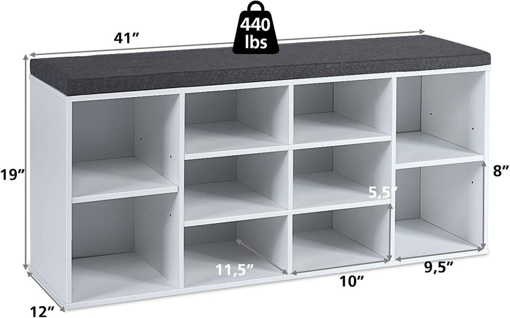 KOTEK Wooden Shoe Bench with Cushion, 10-Cube Shoe Rack Cabinet w/Adjustable ...