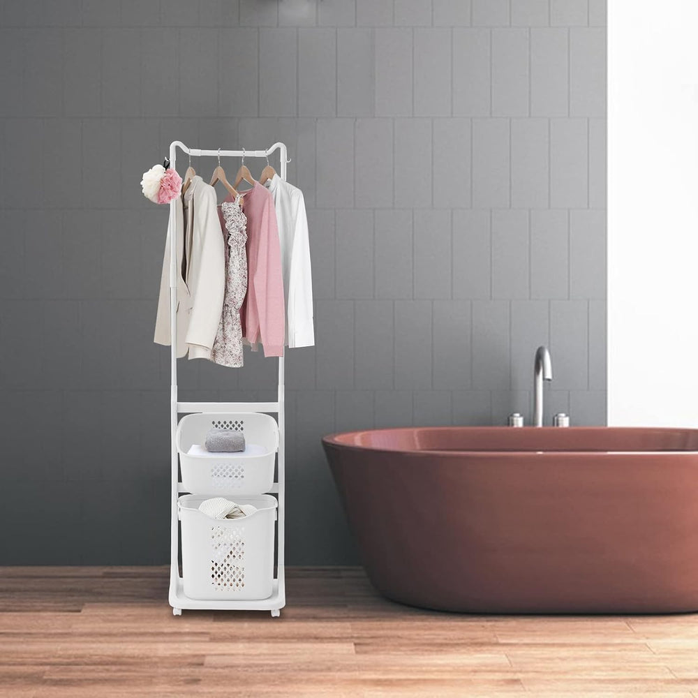 Rolling Laundry Hamper Cart with Wheels and Hanging Bar, 2 Tier Rolling Laund...