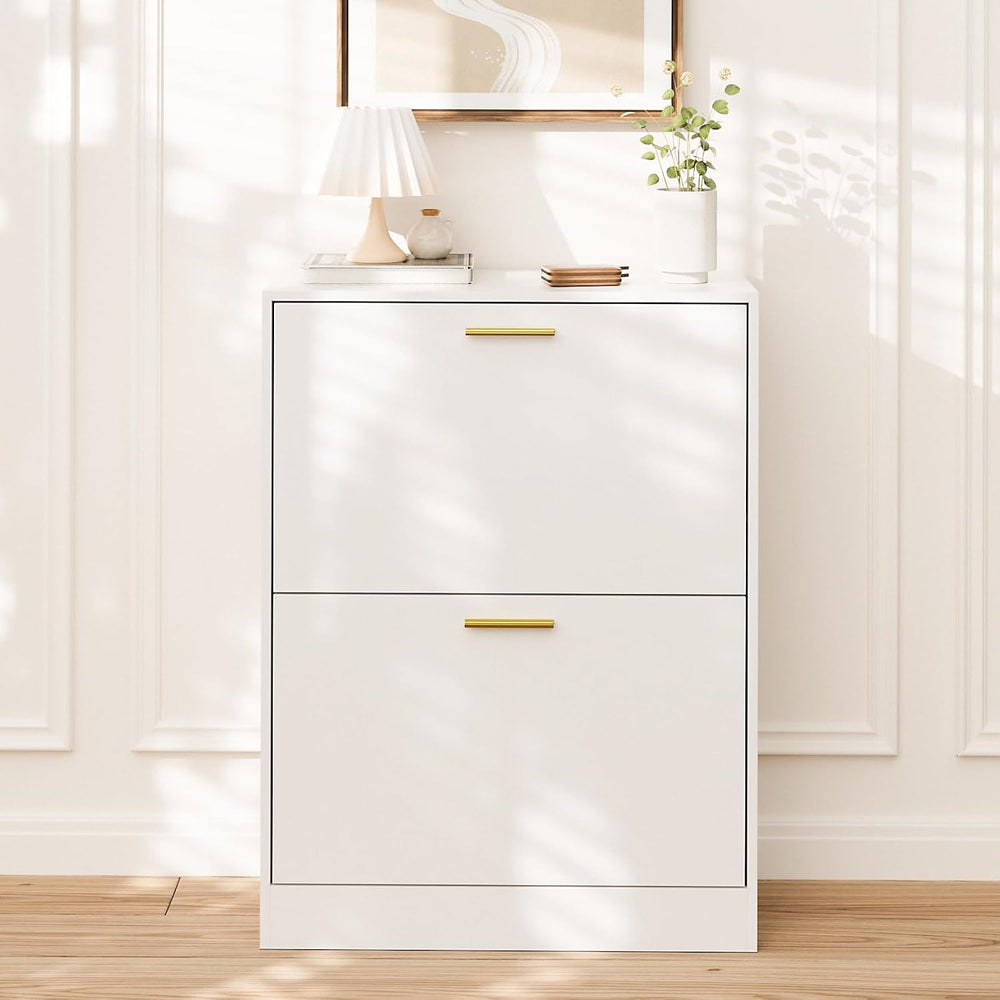 LYNSOM Modern Entryway Shoe Cabinet with 2 Flip Drawers and Top Display, Whit...