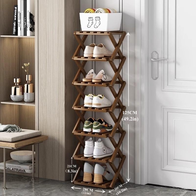 7 Tier Foldable Shoe Rack, Bamboo Vertical Shoe Organizer Tall for Multifunct...