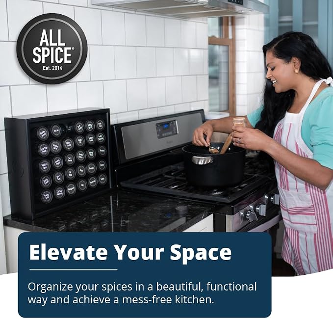 AllSpice Spice Rack Organizer, 525 Unique Labels, Countertop or Wall Mount