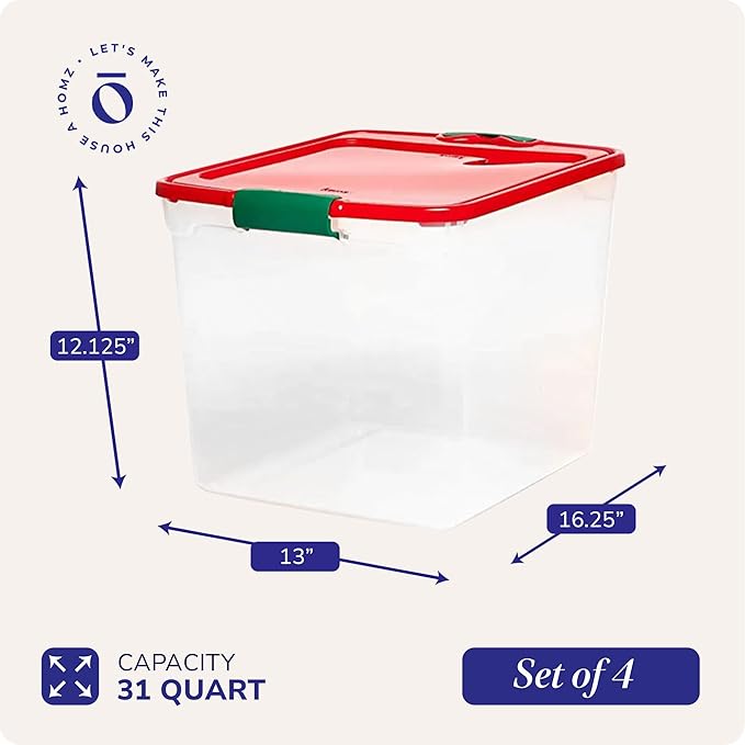 HOMZ 4-Pack Holiday Tote, Plastic Storage Organizer Bins