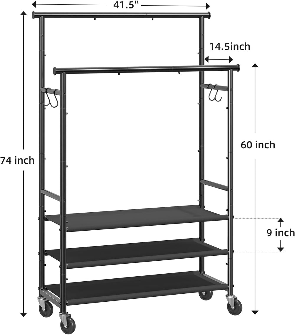 Ekisemio Double Rods Clothes Rack for Hanging Clothes, Rolling Clothing Rack ...
