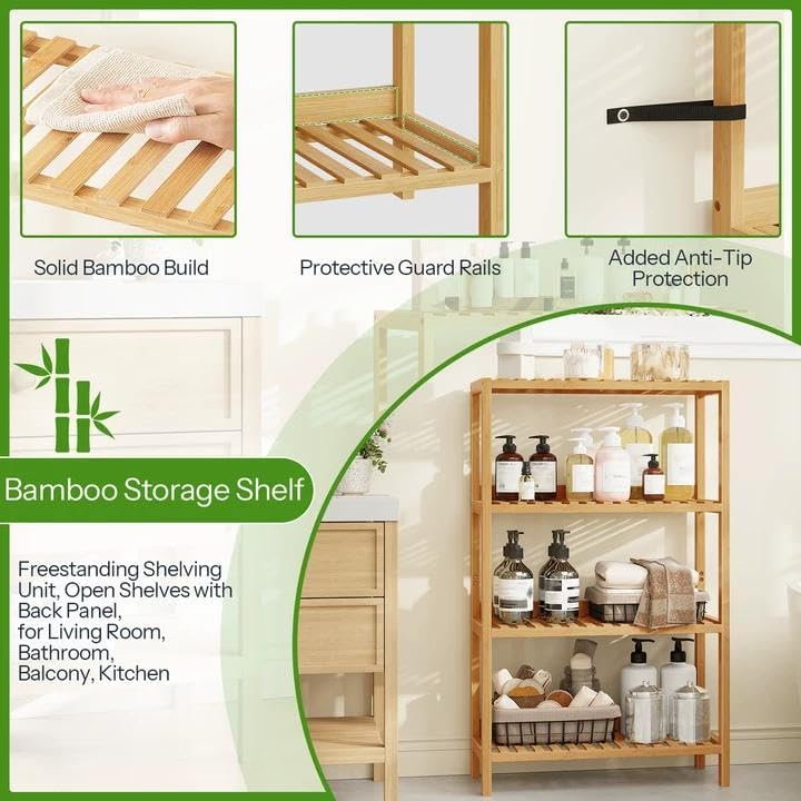 HOOBRO Bamboo Storage Shelf, 4-Tier Freestanding Shelving Unit, Multifunction...