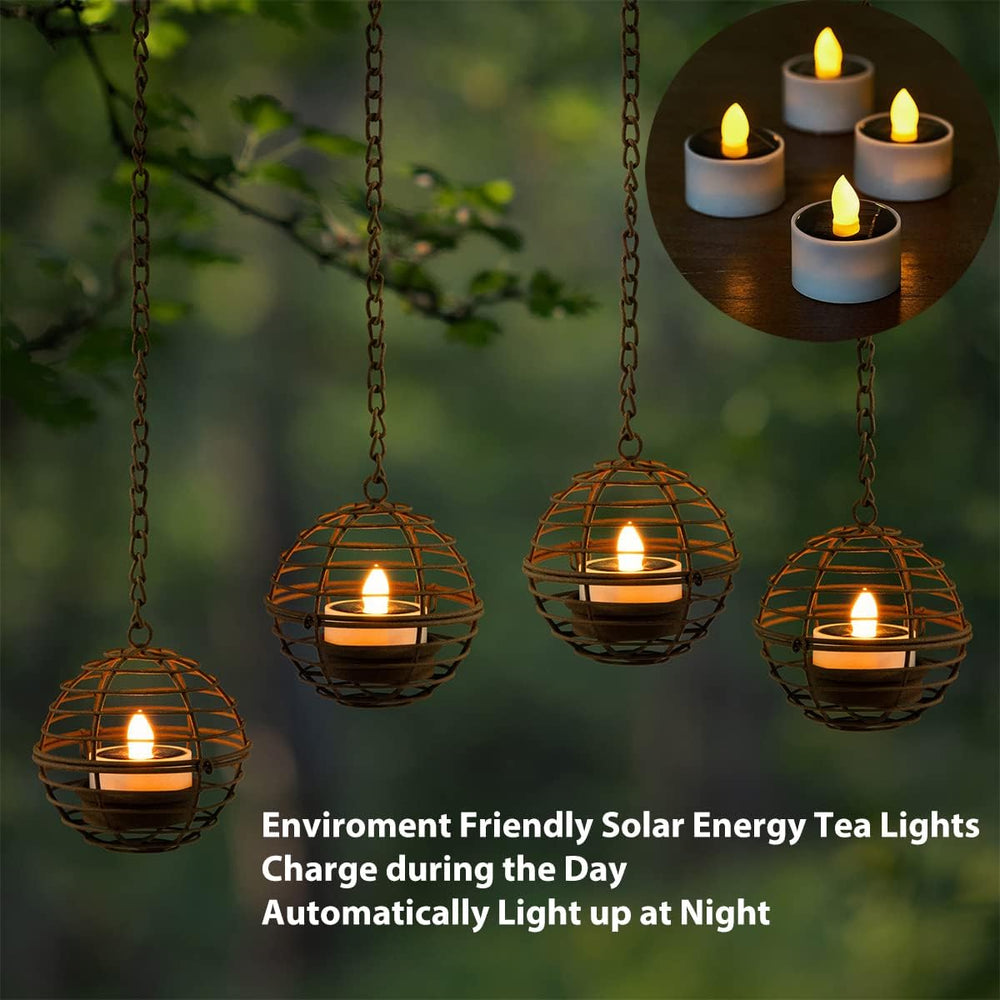 Solar Hanging Lanterns Outdoor Waterproof, Rust Iron Ball Candle Holder with ...