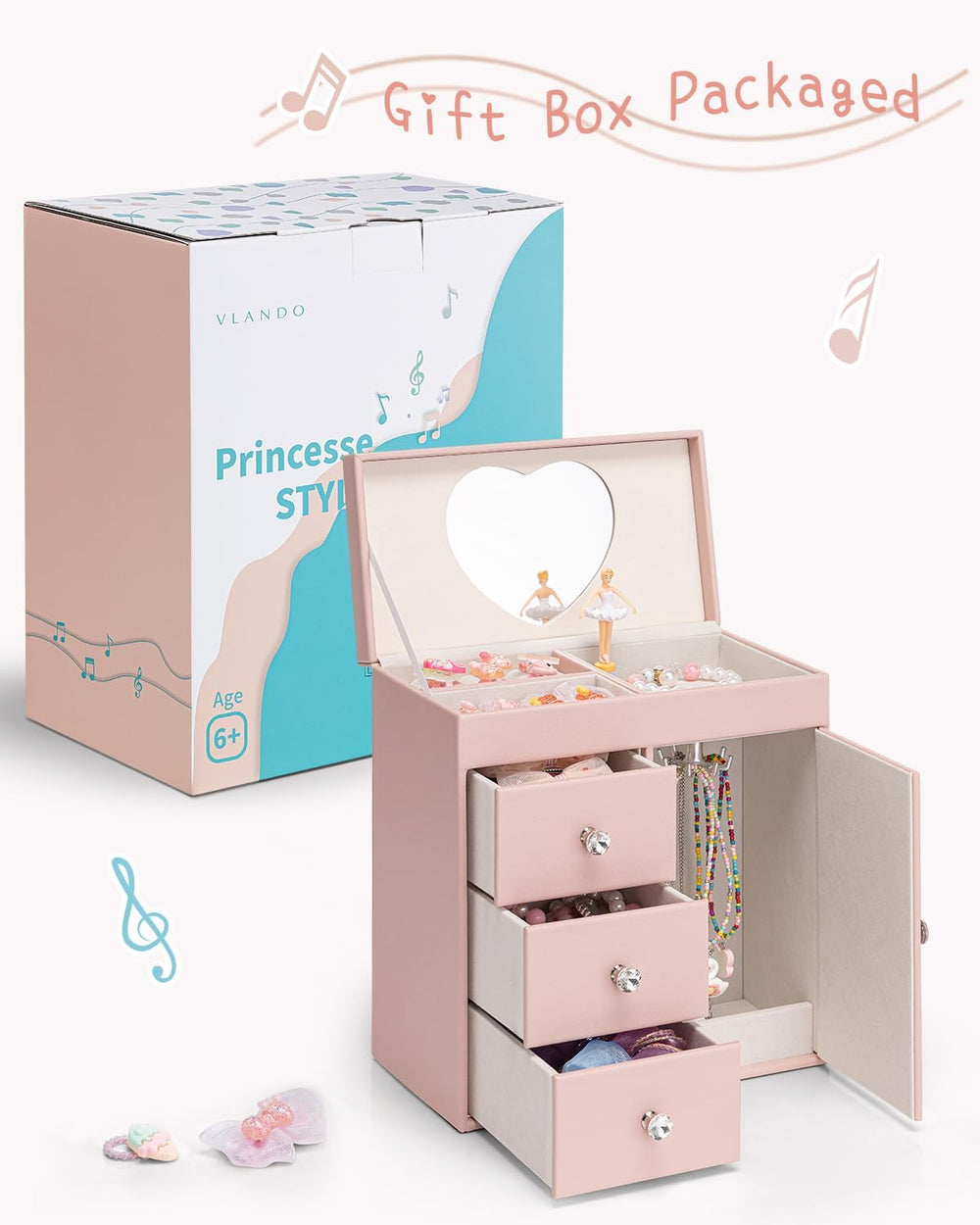 VLANDO 4 Layer Musical Jewelry Box, 3 Drawers Storage and Necklace Hook