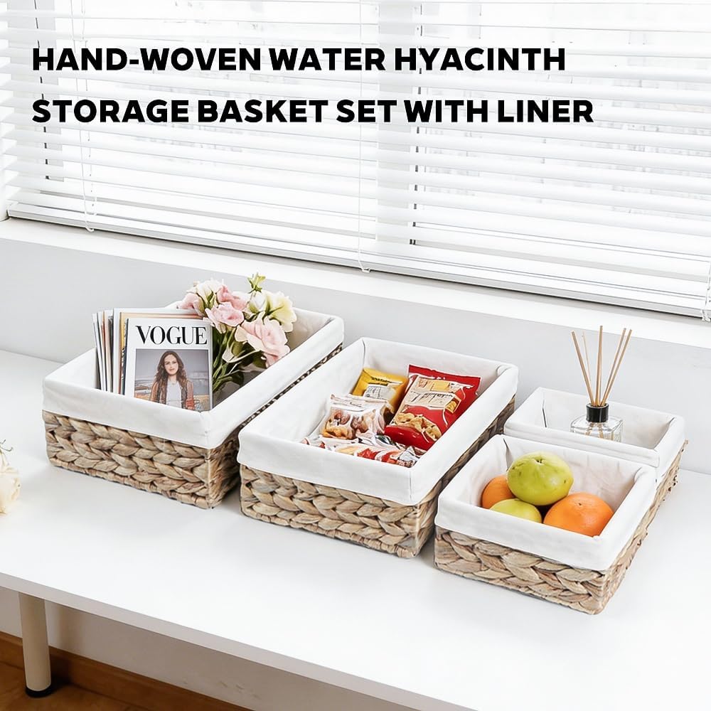 Water Hyacinth Shelf Baskets 4-Pack, Handwoven Wicker Bins with Removable Lin...