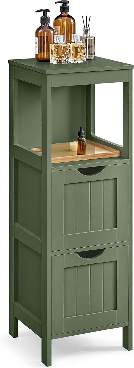 VASAGLE Bathroom Floor Cabinet, 2 Drawers, 35" H, Forest Green