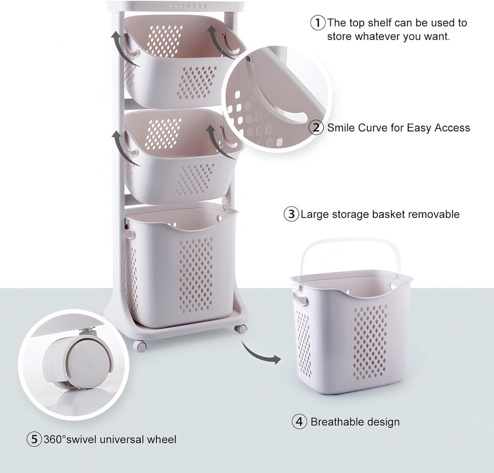 4-Tier Laundry Hamper Sorter with Rolling Baskets for Bathroom White