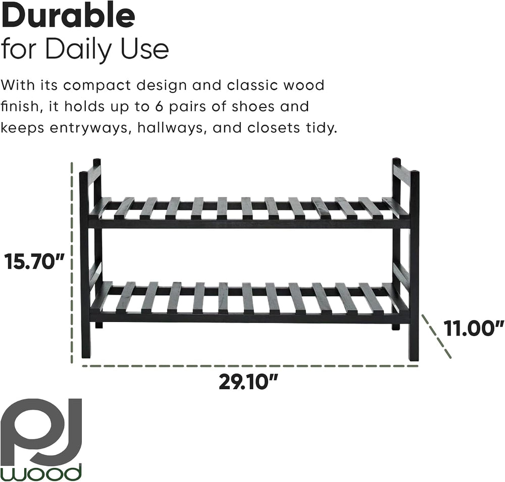 PJ Wood - Wooden 2 Tier Shoe Rack - 6 Pair Storage, Black