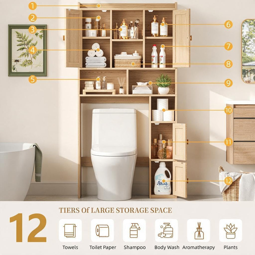 Fluted Over The Toilet Storage Cabinet with 4 Doors, Natural Oak