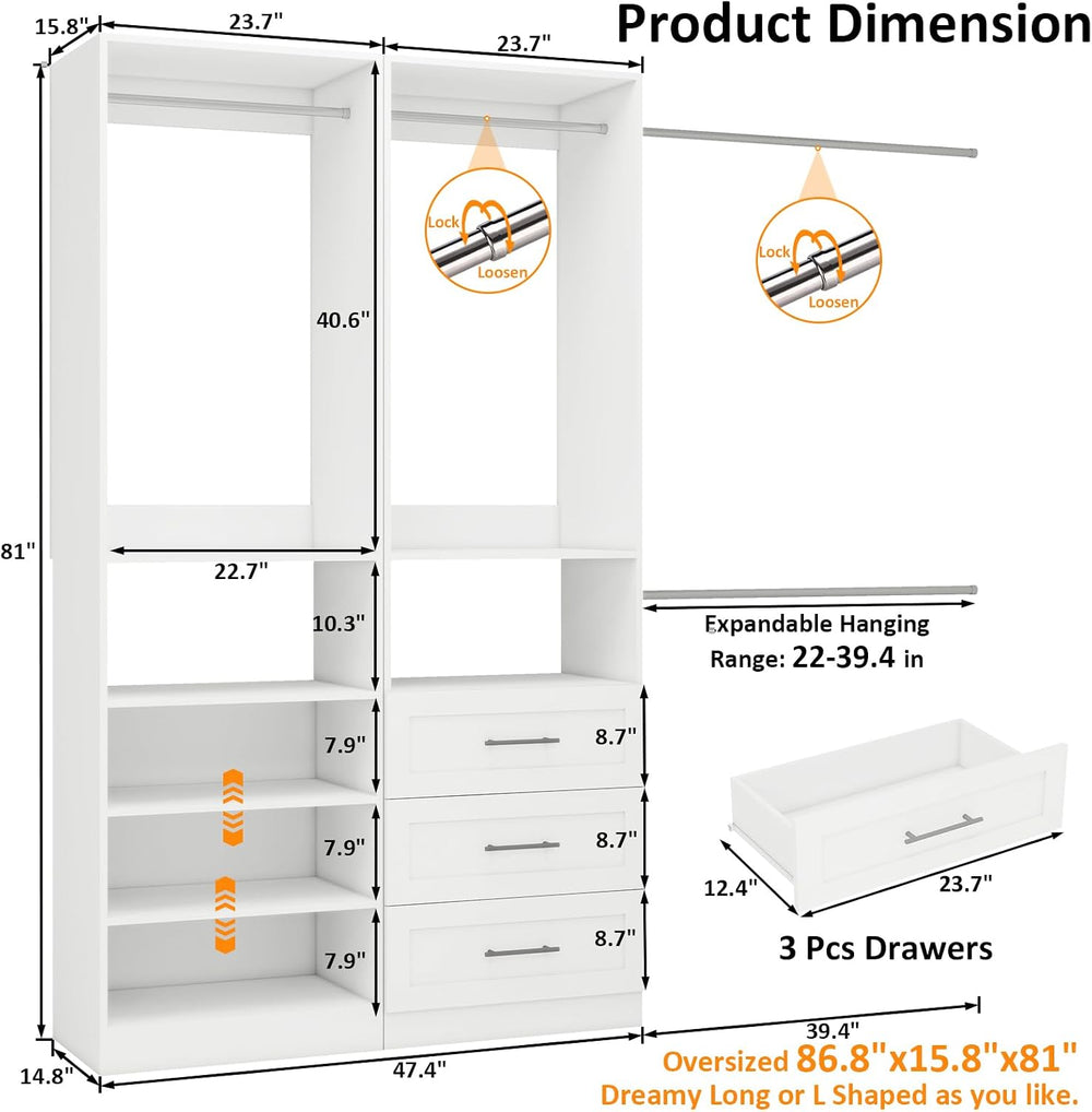 Closet System of 2 Sets with 3 Drawers, 4FT-10FT Closet Organizer System with...
