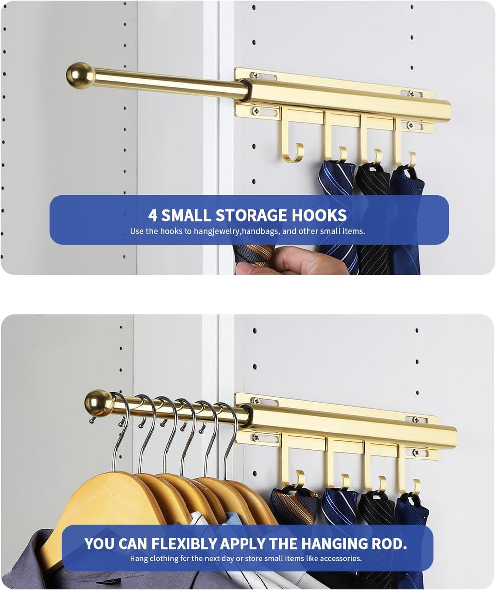 Valet Rod for Closets Pull Out 12" Gold with 4 Hooks (2Pack)